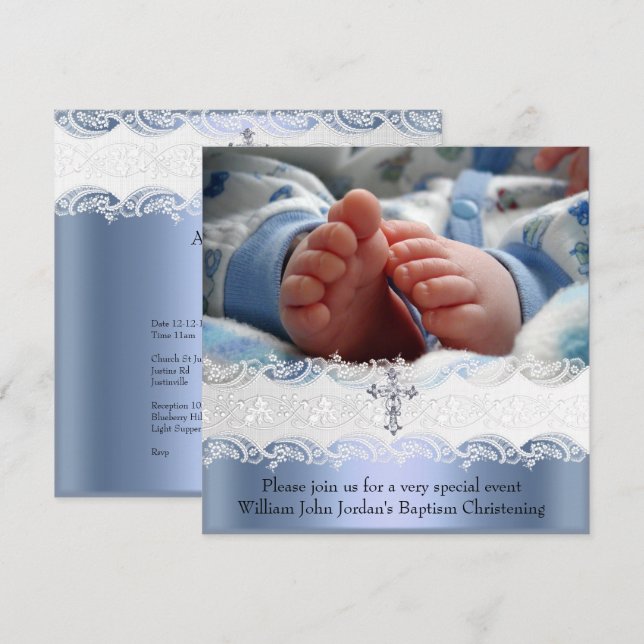 Baptism Blue White Lace Photo Jewel Cross Boy Invitation (Front/Back)