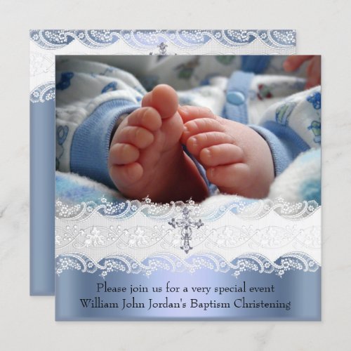 Baptism Blue White Lace Photo Jewel Cross Boy Invitation