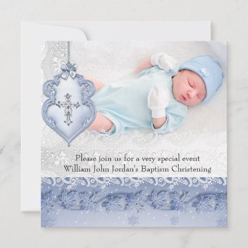 Baptism Blue White Lace Photo Jewel Cross Boy Invitation