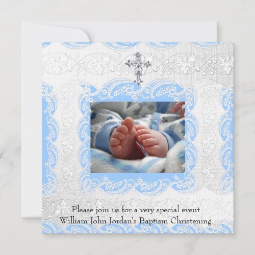 Baptism Blue White Lace Photo Jewel Cross Boy Invitation