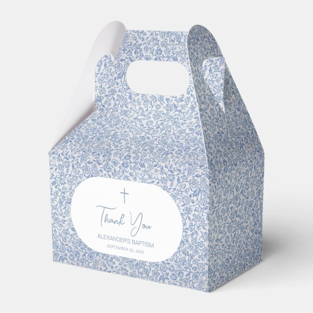 Baptism Blue White Pattern Script Boy Christening  Favor Boxes (Front Side)
