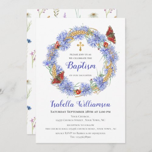 Baptism Blue Wildflower  Butterfly  Invitation