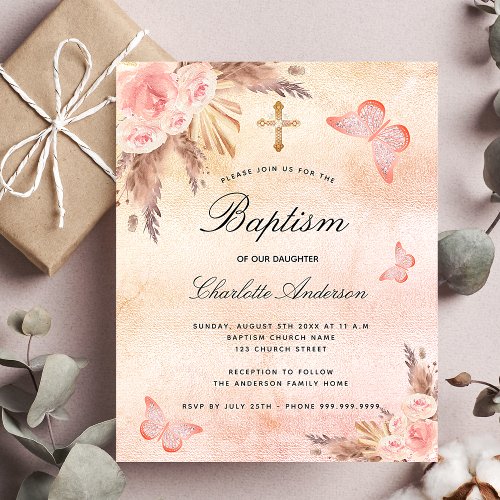 Baptism blush butterfly pampas budget invitation flyer