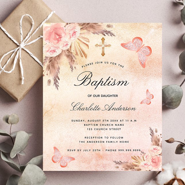 Baptism blush butterfly pampas budget invitation flyer (Creator Uploaded)