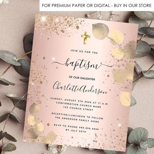 Baptism blush eucalyptus glitter budget invitation flyer