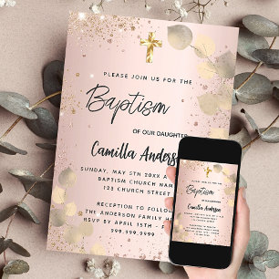 Baptism blush eucalyptus gold glitter invitation