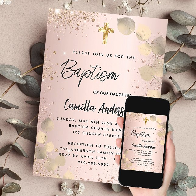Baptism blush eucalyptus gold glitter invitation (Creator Uploaded)