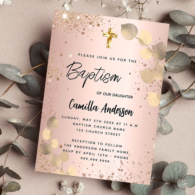 Baptism blush eucalyptus gold glitter luxury invitation (Creator Uploaded)