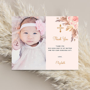Baptism blush pampas floral photo thank you card