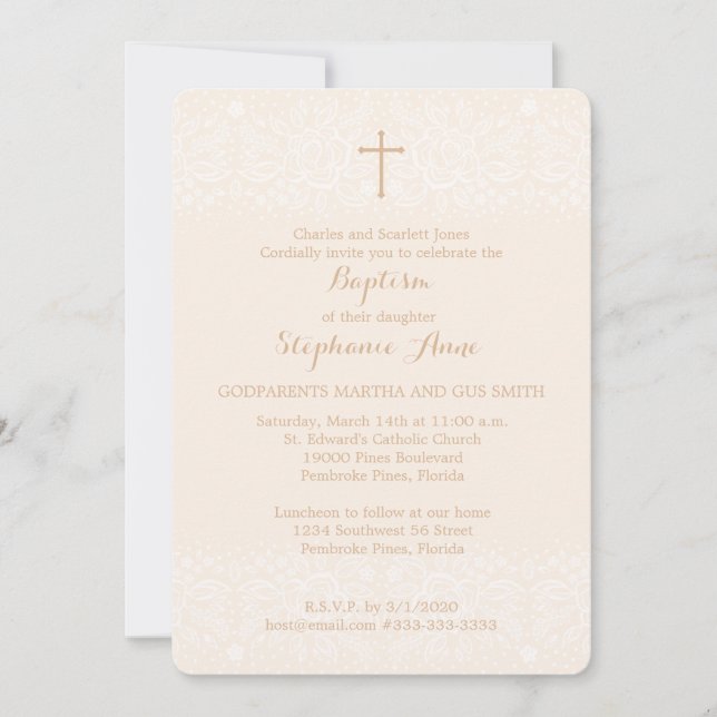 Baptism Blush Pink Delicate Floral Lace Invitation (Front)