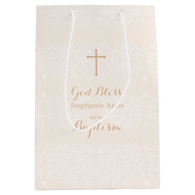 Baptism Blush Pink Delicate Floral Lace Medium Gift Bag (Front)