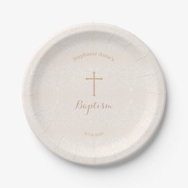 Baptism Blush Pink Delicate Floral Lace Paper Plates (Front)
