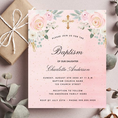 Baptism blush pink floral budget invitation flyer
