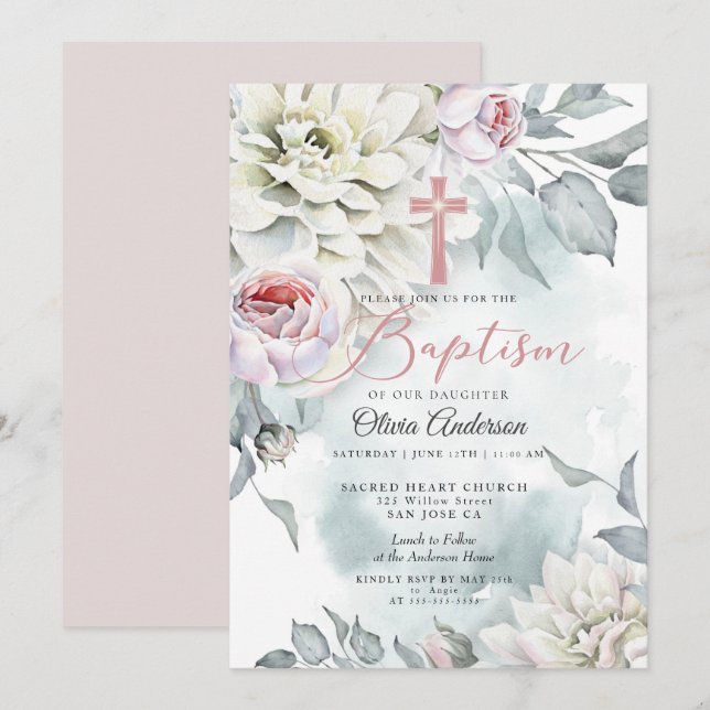 BAPTISM | Blush Pink Floral Cross Invitation (Front/Back)