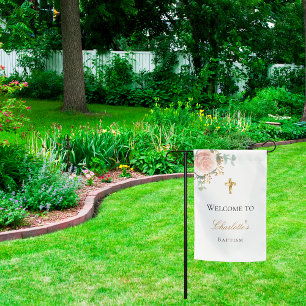 Baptism blush pink floral eucalyptus girl welcome garden flag