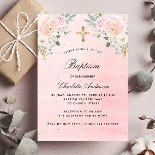 Baptism blush pink floral girl elegant luxury invitation