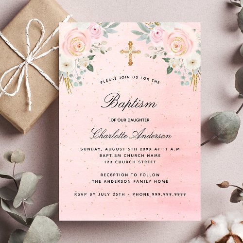 Baptism blush pink floral girl elegant luxury invitation