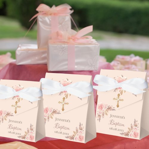Baptism blush pink floral pampas grass rose gold favor boxes