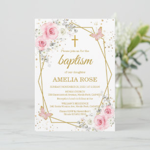 Baptism blush pink florals butterfly girl invitation