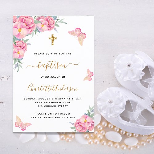 Baptism blush pink florals butterfly girl luxury invitation