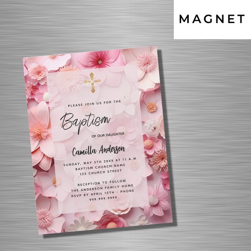 Baptism blush pink flowers baby girl luxury magnetic invitation