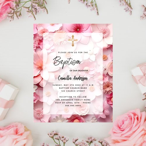 Baptism blush pink flowers girl budget invitation