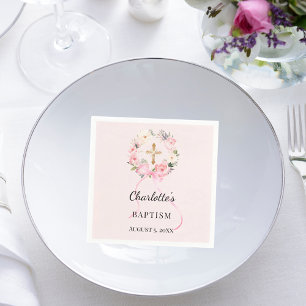 Baptism blush pink girl florals wreath cross napkins