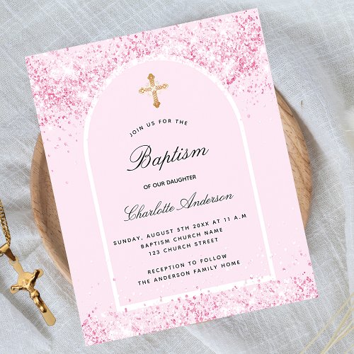 Baptism blush pink glitter arch budget invitation