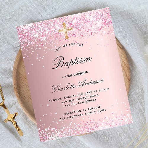 Baptism blush pink glitter girl budget invitation flyer
