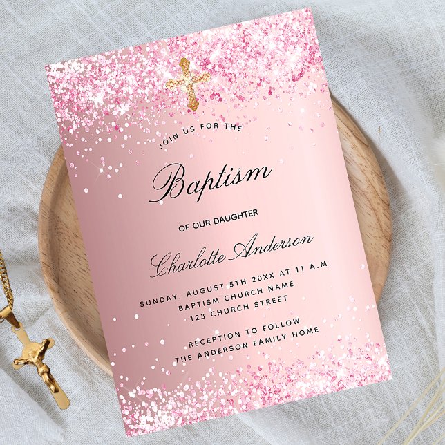Baptism blush pink glitter girl invitation postcard (Creator Uploaded)