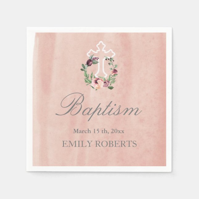baptism blush pink marsala floral monogram napkins (Front)