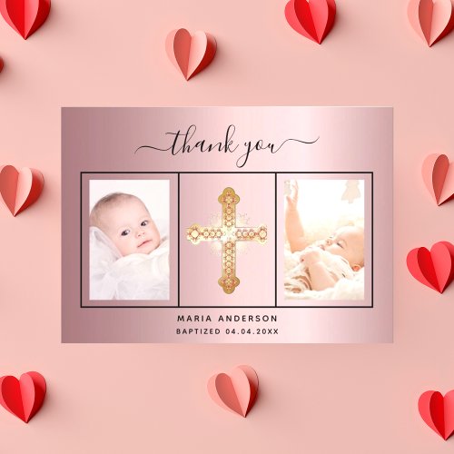 Baptism blush pink photo script girl thank you card