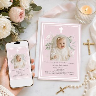 Baptism Blush Pink Photo white florals arch girl Invitation