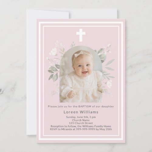 Baptism Blush Pink Photo white florals arch girl Invitation