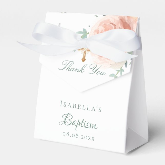 Baptism blush pink rose floral girl thank you favor boxes (Front Side)