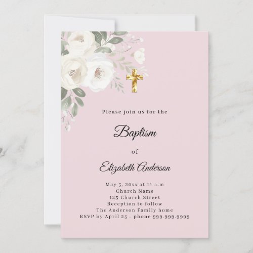 Baptism blush pink white florals girl invitation