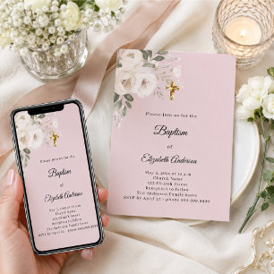 Baptism blush pink white florals girl invitation