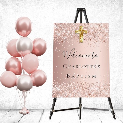 Baptism blush rose gold glitter cross welcome foam board