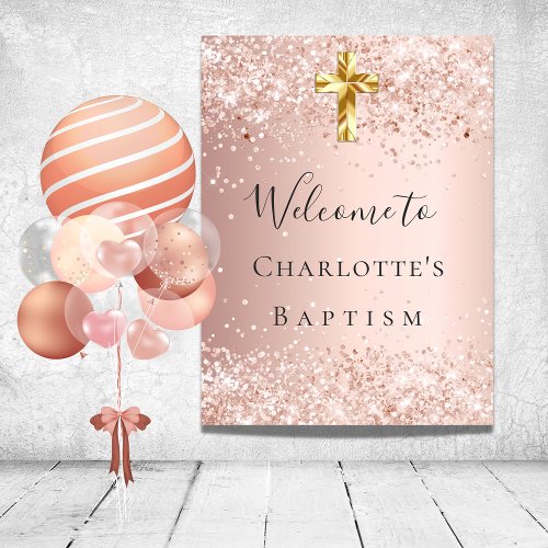 Baptism blush rose gold glitter dust welcome poster