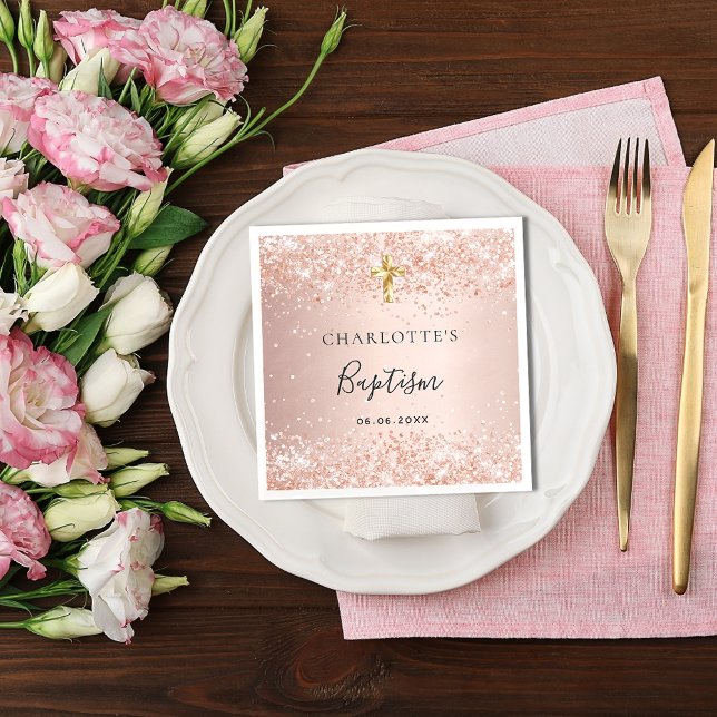 Baptism blush rose gold glitter name girl napkins (Creator Uploaded)