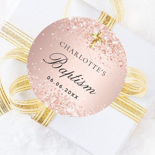 Baptism blush rose gold name girl classic round sticker