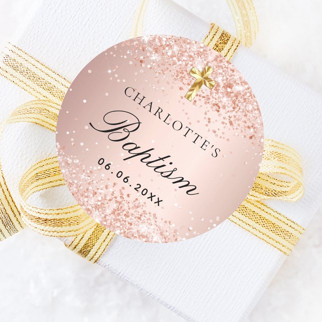 Baptism blush rose gold name girl classic round sticker (Creator Uploaded)