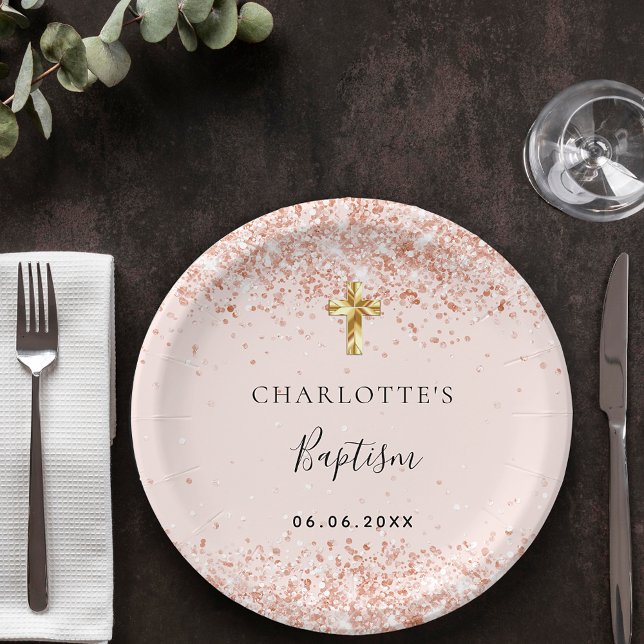 Baptism blush rose gold name girl paper plates (Creator Uploaded)