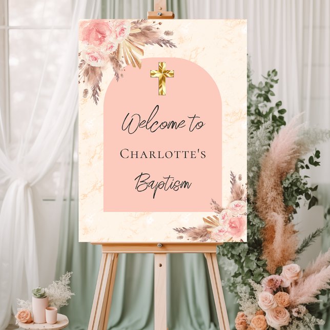 Baptism blush rose gold pampas grass arch welcome foam board (Creator Uploaded)