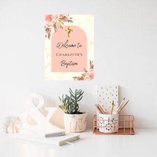 Baptism blush rose gold pampas grass arch welcome poster