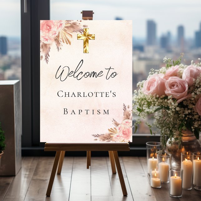 Baptism blush rose gold pampas grass cross welcome foam board (Creator Uploaded)