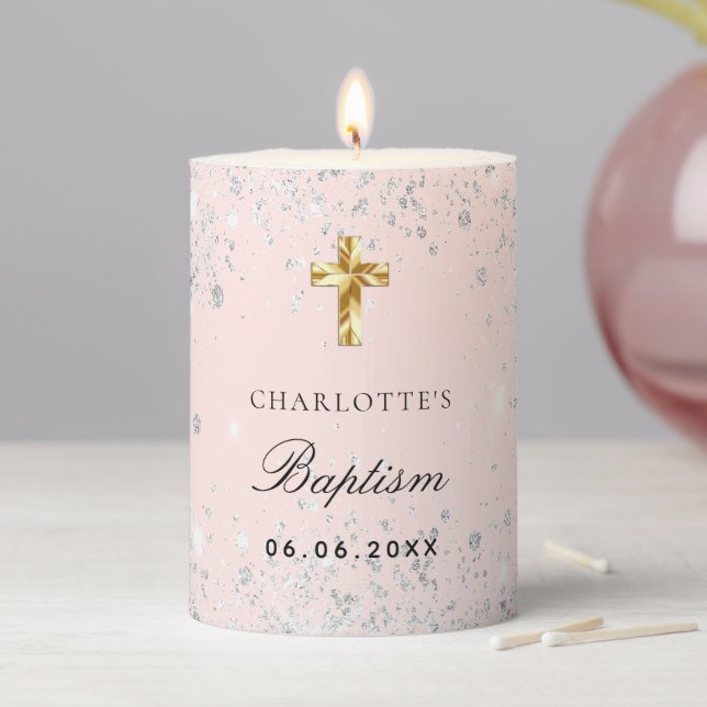 Baptism blush rose gold silver glitter name pillar candle (In Situ)