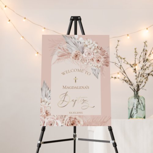 Baptism boho flowers welcome sign