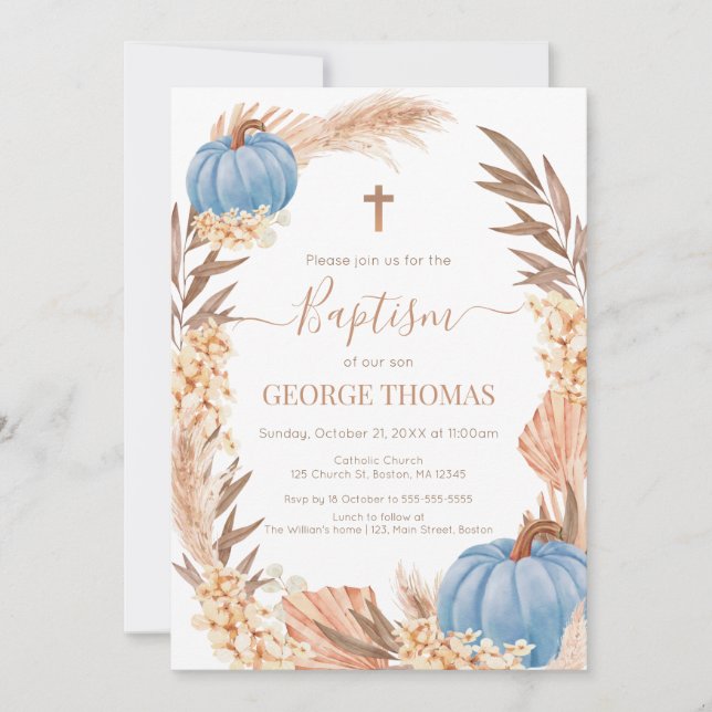Baptism Boho Pampas arrangement blue Pumpkin Invitation (Front)