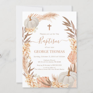 Baptism Boho Pampas arrangement white Pumpkin Invitation